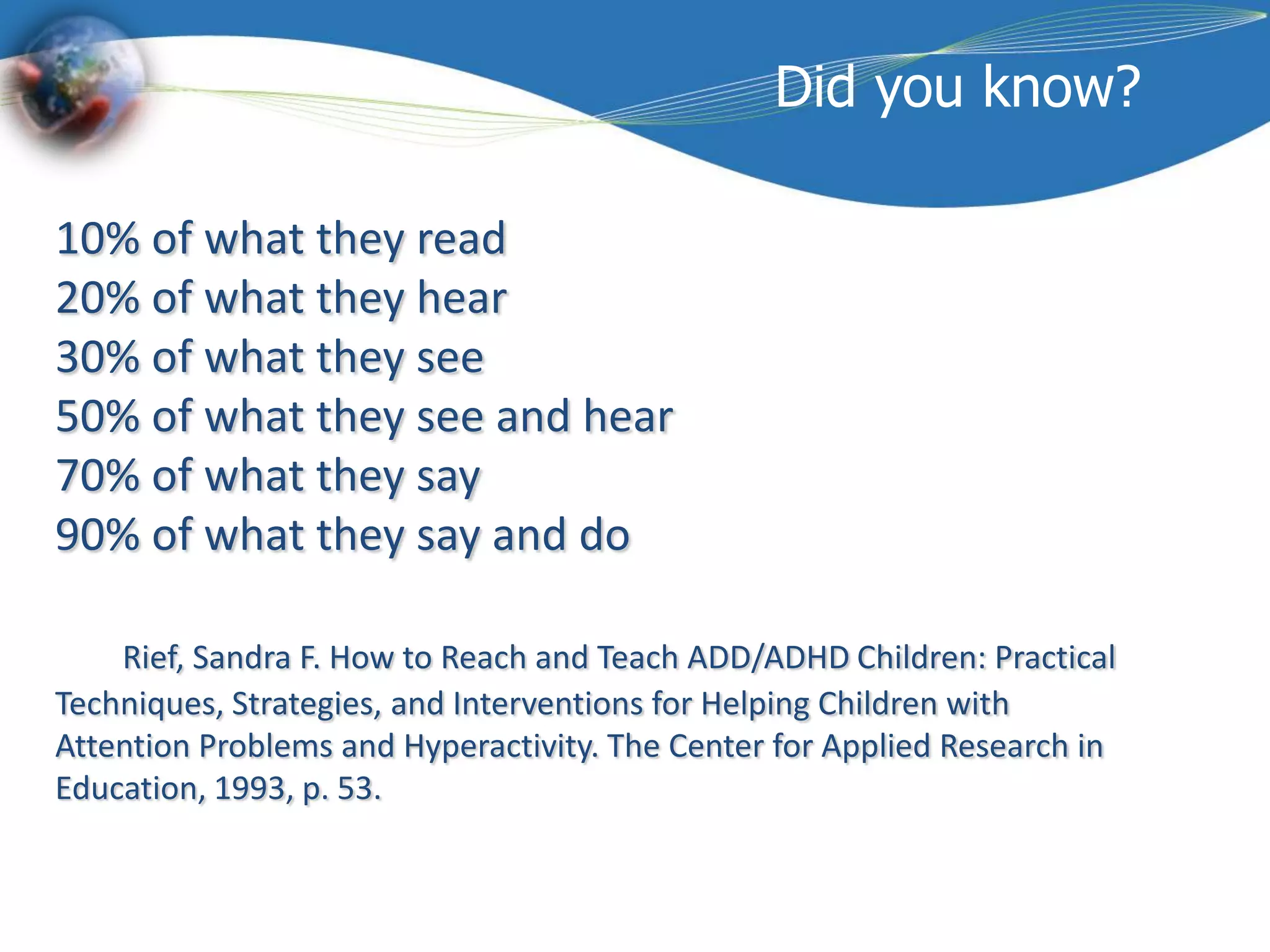 Did you know?10% of what they read 20% of what they hear 30% of what they see 50% of what they see and hear 70% of what they say 90% of what they say and do Rief, Sandra F. How to Reach and Teach ADD/ADHD Children: Practical Techniques, Strategies, and Interventions for Helping Children with Attention Problems and Hyperactivity. The Center for Applied Research in Education, 1993, p. 53.