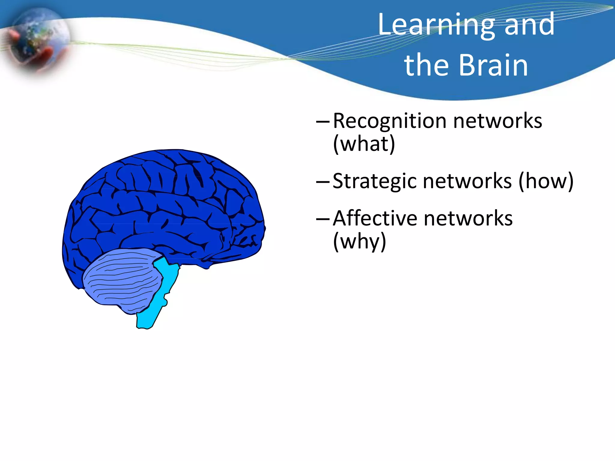 Learning and the BrainRecognition networks (what)Strategic networks (how)Affective networks  (why)