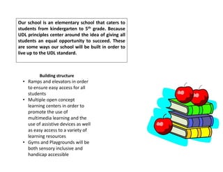 Our school is an elementary school that caters to
students from kindergarten to 5th grade. Because
UDL principles center around the idea of giving all
students an equal opportunity to succeed. These
are some ways our school will be built in order to
live up to the UDL standard.
Building structure
• Ramps and elevators in order
to ensure easy access for all
students
• Multiple open concept
learning centers in order to
promote the use of
multimedia learning and the
use of assistive devices as well
as easy access to a variety of
learning resources
• Gyms and Playgrounds will be
both sensory inclusive and
handicap accessible
 
