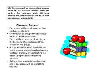UDL Classrooms will be structured and grouped
based off the individual learners needs and
barriers. The classroom, while still being
inclusive and unrestrictive will aim to set each
learners needs as the priority.
Classroom features
• Classrooms will be small, no more than
15 students at a time
• Students will be grouped by ability level
based off intake assessments
• There will be a classroom discussion at
the beginning of each class and then
broken off into groups
• Groups will be based off the child's best
suited learning approach and each group
will focus primarily on approaching the
lesson using the selected learning
approach
• If determined appropriate and needed
one to one groups will be available to
students
 