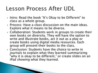  Intro: Read the book “It’s Okay to be Different” to
class as a whole group.
 Process: Have a class discussion on the main ideas.
Explore what it means to be diverse.
 Collaboration: Students work in groups to create their
own books on diversity. They will have the option to
write and illustrate books, act it out as a play or
create books using digital media resources. Each
group will present their books to the class.
 Conclusion: Students have the choice to write in
journals to explain what they learned summarizing
“why it is okay to be different,” or create slides on an
iPad showing what they learned.
 