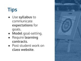 ● Use syllabus to
communicate
expectations for
goals.
● Model goal-setting.
● Require learning
contracts.
● Post student work on
class website.
Tips
 