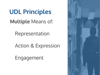 UDL Principles
Multiple Means of:
Representation
Action & Expression
Engagement
 