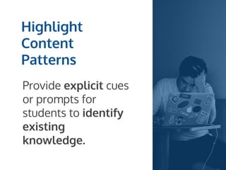 Highlight
Content
Patterns
Provide explicit cues
or prompts for
students to identify
existing
knowledge.
 