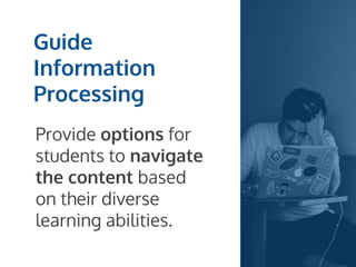 Guide
Information
Processing
Provide options for
students to navigate
the content based
on their diverse
learning abilities.
 