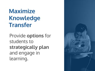 Maximize
Knowledge
Transfer
Provide options for
students to
strategically plan
and engage in
learning.
 