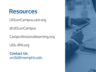 Resources
UDLonCampus.cast.org
@UDLonCampus
Castprofessionallearning.org
UDL-IRN.org
Contact Us:
um3d@memphis.edu
 