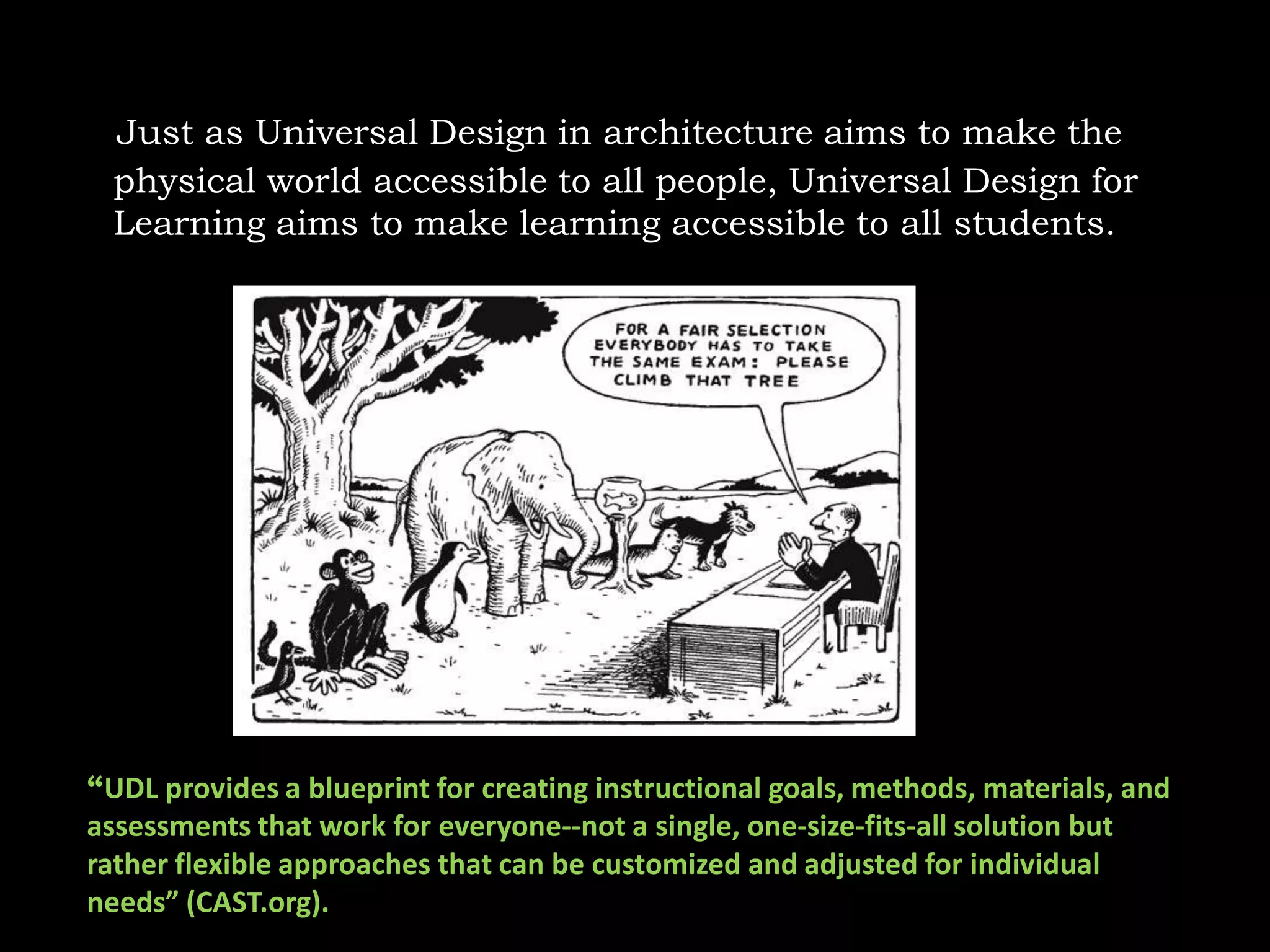 What is UDL?Just as Universal Design in architecture aims to make the physical world accessible to all people, Universal Design for Learning aims to make learning accessible to all students. “UDL provides a blueprint for creating instructional goals, methods, materials, and assessments that work for everyone--not a single, one-size-fits-all solution but rather flexible approaches that can be customized and adjusted for individual needs” (CAST.org).