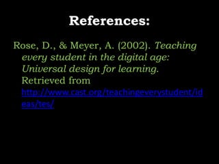 How do you provide multiple, flexible methods of engagement? Students come to us with a variety of learning styles, interests, and levels of motivation.  To help all students engage in learning, you can:Offer choices of content and tools to tap into your students’ interests.