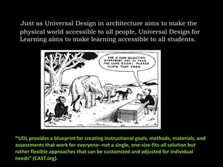 What is UDL?Just as Universal Design in architecture aims to make the physical world accessible to all people, Universal Design for Learning aims to make learning accessible to all students. “UDL provides a blueprint for creating instructional goals, methods, materials, and assessments that work for everyone--not a single, one-size-fits-all solution but rather flexible approaches that can be customized and adjusted for individual needs” (CAST.org).