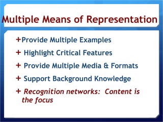 Multiple Means of Representation Provide Multiple Examples Highlight Critical Features Provide Multiple Media & Formats Support Background Knowledge Recognition networks:  Content is the focus 
