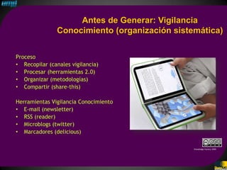 Antes de Generar: Vigilancia
               Conocimiento (organización sistemática)


Proceso
• Recopilar (canales vigilancia)
• Procesar (herramientas 2.0)
• Organizar (metodologías)
• Compartir (share-this)

Herramientas Vigilancia Conocimiento
• E-mail (newsletter)
• RSS (reader)
• Microblogs (twitter)
• Marcadores (delicious)

                                               Knowledge Factory 2009
 