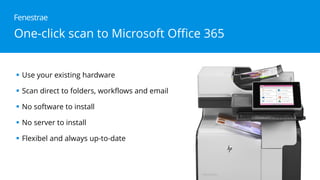 One-click scan to Microsoft Office 365
Use your existing hardware
Scan direct to folders, workflows and email
No software to install
No server to install
Flexibel and always up-to-date
Fenestrae