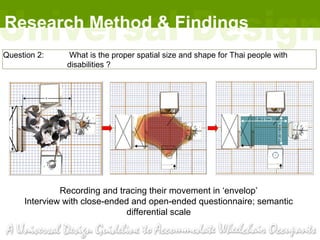 Research Method & Findings
Question 2:    What is the proper spatial size and shape for Thai people with
               disabilities ?




              Recording and tracing their movement in ‘envelop’
     Interview with close-ended and open-ended questionnaire; semantic
                              differential scale
 