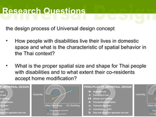 Research Questions
the design process of Universal design concept

•   How people with disabilities live their lives in domestic
    space and what is the characteristic of spatial behavior in
    the Thai context?

•   What is the proper spatial size and shape for Thai people
    with disabilities and to what extent their co-residents
    accept home modification?
 