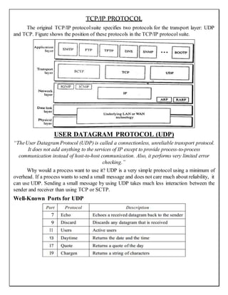 TCP/IP PROTOCOL
The original TCP/IP protocolsuite specifies two protocols for the transport layer: UDP
and TCP. Figure shows the position of these protocols in the TCP/IP protocol suite.
USER DATAGRAM PROTOCOL (UDP)
“TheUser Datagram Protocol (UDP) is called a connectionless, unreliable transport protocol.
It does not add anything to the services of IP except to provide process-to-process
communication instead of host-to-host communication. Also, it performs very limited error
checking.”
Why would a process want to use it? UDP is a very simple protocol using a minimum of
overhead. If a process wants to send a small message and does not care much about reliability, it
can use UDP. Sending a small message by using UDP takes much less interaction between the
sender and receiver than using TCP or SCTP.
Well-Known Ports for UDP
 