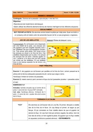 32
Data: 19/01/16 Curs: 4t E.S.O Horari: 11:30h -12:30h
SESSIÓ 5 : BÀSQUET
Continguts: Tècnica de la passada + jocs de peu + inici de l’1c1.
Objectius:
-Reproducció del model tècnic del bàsquet.
-Saber utilitzar els diferents elements tècnics de manera intel·ligent en les diferents situacions.
ESCALFAMENT
BOT PER MITJA PISTA: Els alumnes aniran botant la pilota per mitjà pista. Quan es trobin a
un company amb el mateix color de samarreta hauran de fer un pas progressiu o regressiu.
JOC DE LES ABELLETES Material: Pilotes de bàsquet i cons.
Funcionament: Es col·locaran cons dispersats
per una meitat de la pista. Les aranyes són
els jugadors que han d’agafar aquests cons i
les “abelletes” les que s’encarregaran d’evitar-
ho. Tots aniran amb pilota. Per iniciar el joc
les aranyes es situen a la línia de fons i les
abelletes dispersades per la pista. A la senyal
les aranyes han de sortir i intentar agafar un
con i portar-lo a la seva línia de fons sense
ser tocats per les abelletes. Si una abelleta
toca a una aranya aquesta ha de tornar a la
línia de fons
PART PRINCIPAL.
Exercici 1: els jugadors es col·locaran per parelles en la línia de fons i aniran passant-se la
pilota amb la tècnica adequada (passada de pit) sense que caigui a terra.
Handicaps: limitem el número de passades.
Exercici 2: mateix exercici però canviem el tipus de bot (passades picades + passades sobre
el cap)
EXERCICIS 1c1
Entrades: Sortida creuada cap al centre de la
pista + canvi de mà + buscar 45º i entrada.
1x1: atac: handicap ofensiu- limitació de 5
pots + 1 canvi de mà + acabar dins de la zona
de tir lliure.
TORNADA A LA CALMA
“K.O” Els alumnes es col·locaran tots en una fila. El primer, llençarà a cistella
des de la línia de tir lliure. Un cop llença el primer, el segon ja pot
llençar. El joc consisteix en ficar cistella abans de que el jugador de
darrere la fiqui. Un cop hem tirat per primera vegada, les altres, hem de
tirar des de el lloc on hem agafat la pilota. El jugador que no fiqui cistella
en aquestes condicions quedarà eliminat. + ESTIRAMENTS
 