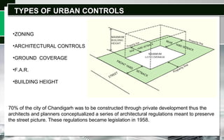 TYPES OF URBAN CONTROLSTYPES OF URBAN CONTROLS
•ZONING
•ARCHITECTURAL CONTROLS
•GROUND COVERAGE
•F.A.R.
•BUILDING HEIGHT
70% of the city of Chandigarh was to be constructed through private development thus the
architects and planners conceptualized a series of architectural regulations meant to preserve
the street picture. These regulations became legislation in 1958.
 