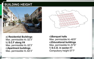 BUILDING HEIGHTBUILDING HEIGHT
a) Residential Buildings
Max. permissible ht.-32’3”
b) S.C.F along V4
Max. permissible ht.-32’3”
c)Apartment buildings
Max. permissible ht.-62’3”
d)Banquet halls
Max. permissible ht.-48’9”
e)Educational buildings
Max. permissible ht.-57’6”
f) S.C.O. in sector-17
Compulsory height 57’7“
 