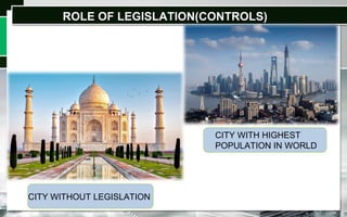 ROLE OF LEGISLATION(CONTROLS)ROLE OF LEGISLATION(CONTROLS)
CITY WITHOUT LEGISLATION
CITY WITH HIGHEST
POPULATION IN WORLD
 