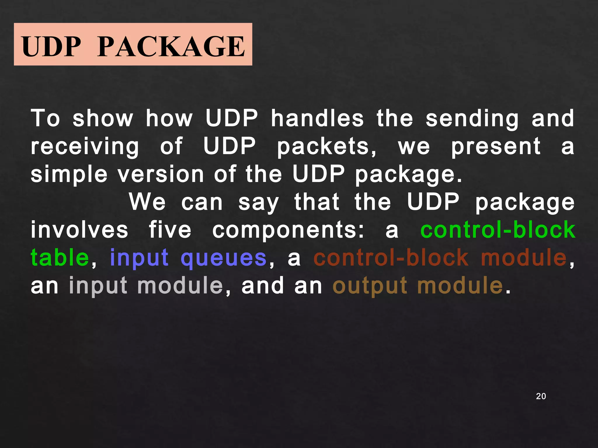 2200 
UDP PACKAGE 
To show how UDP handles the sending and 
receiving of UDP packets, we present a 
simple version of the UDP package. 
We can say that the UDP package 
involves five components: a control-block 
table, input queues, a control-block module, 
an input module, and an output module. 
 