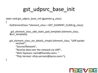 gst_udpsrc_base_init
static void gst_udpsrc_base_init (gpointer g_class)
{
GstElementClass *element_class = GST_ELEMENT_CLASS (g_class);
gst_element_class_add_static_pad_template (element_class,
&src_template);
gst_element_class_set_details_simple (element_class, "UDP packet
receiver",
"Source/Network",
"Receive data over the network via UDP",
"Wim Taymans <wim@fluendo.com>, "
"Thijs Vermeir <thijs.vermeir@barco.com>");
}
 