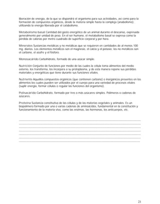 21
liberación de energía, de la que se dispondrá el organismo para sus actividades, así como para la
formación de compuestos orgánicos, desde la materia simple hasta la compleja (anabolismo),
utilizando la energía liberada por el catabolismo.
Metabolismo basal Cantidad del gasto energético de un animal durante el descanso, expresada
generalmente por unidad de peso. En el ser humano, el metabolismo basal se expresa como la
pérdida de calorías por metro cuadrado de superficie corporal y por hora.
Minerales Sustancias metálicas y no metálicas que se requieren en cantidades de al menos 100
mg. diarios. Los elementos metálicos son el magnesio, el calcio y el potasio; los no metálicos son
el carbono, el azufre y el fósforo.
Monosacárido Carbohidrato, formado de una azúcar simple.
Nutrición Conjunto de funciones por medio de las cuales la célula toma alimentos del medio
externo, los transforma, los incorpora a su protoplasma, y de esta manera repone sus pérdidas
materiales y energéticas que tiene durante sus funciones vitales.
Nutriente Aquellos compuestos orgánicos (que contienen carbono) o inorgánicos presentes en los
alimentos los cuales pueden ser utilizados por el cuerpo para una variedad de procesos vitales
(suplir energía, formar células o regular las funciones del organismo).
Polisacárido Carbohidrato, formado por tres o más azúcares simples. Polímeros o cadenas de
azúcares.
Proteína Sustancia constitutiva de las células y de las materias vegetales y animales. Es un
biopolímero formado por una o varias cadenas de aminoácidos, fundamental en la constitución y
funcionamiento de la materia viva, como las enzimas, las hormonas, los anticuerpos, etc.
................................................................................................................................................................
................................................................................................................................................................
................................................................................................................................................................
................................................................................................................................................................
................................................................................................................................................................
................................................................................................................................................................
...............................................................................................................................................................
 