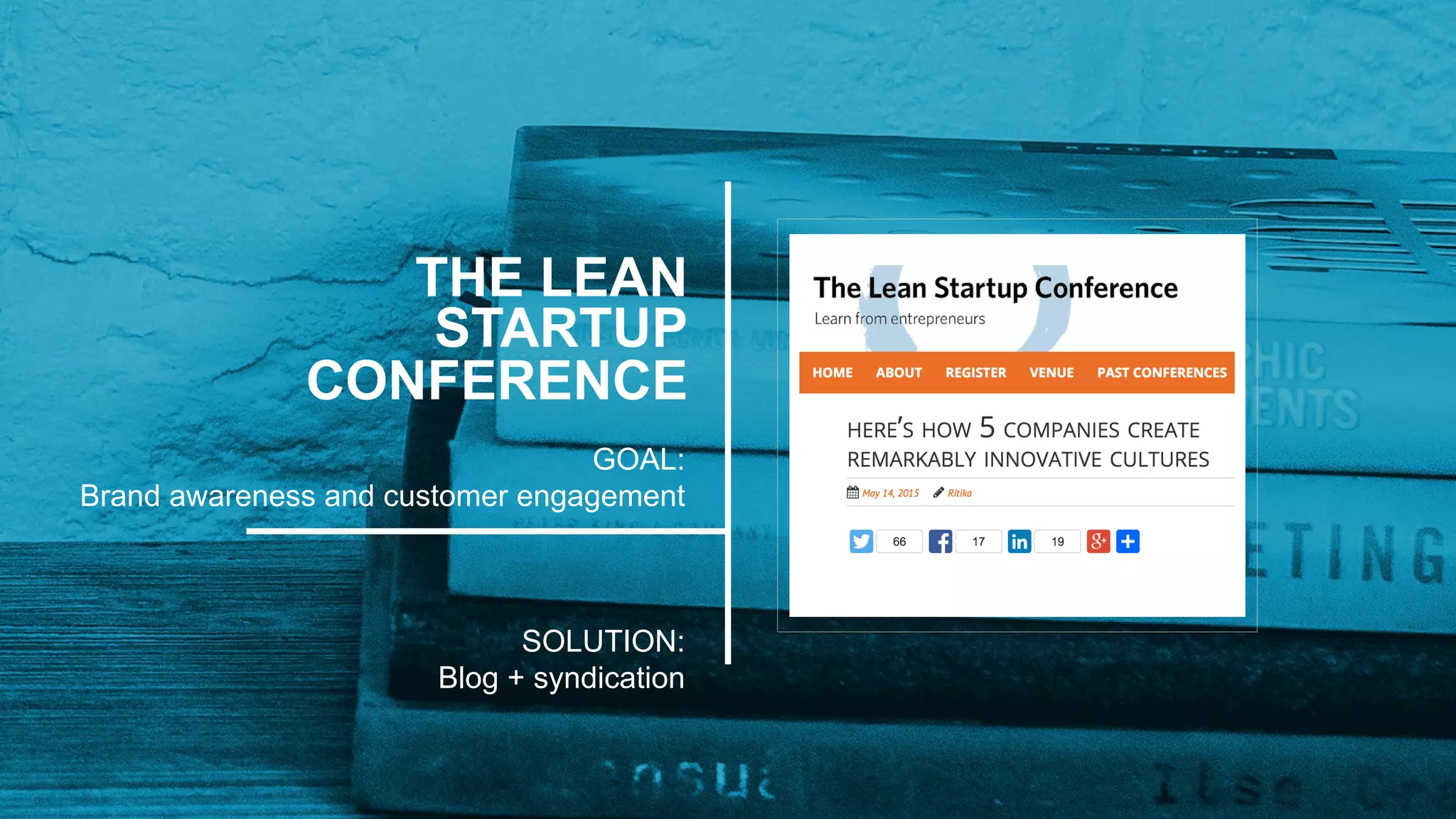 THE LEAN
STARTUP
CONFERENCE
GOAL:
Brand awareness and customer engagement
SOLUTION:
Blog + syndication