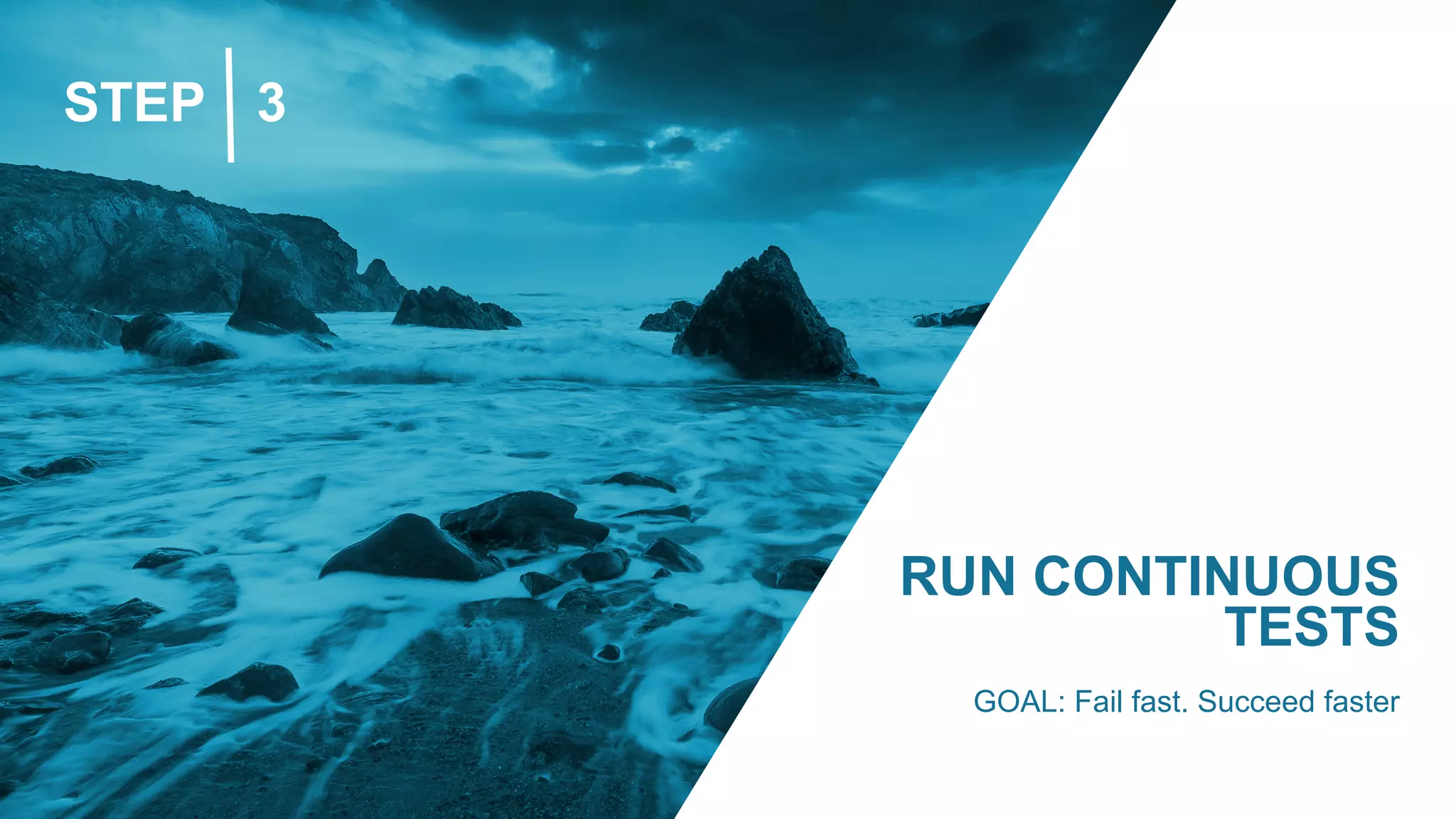 RUN CONTINUOUS
TESTS
STEP 3
GOAL: Fail fast. Succeed faster