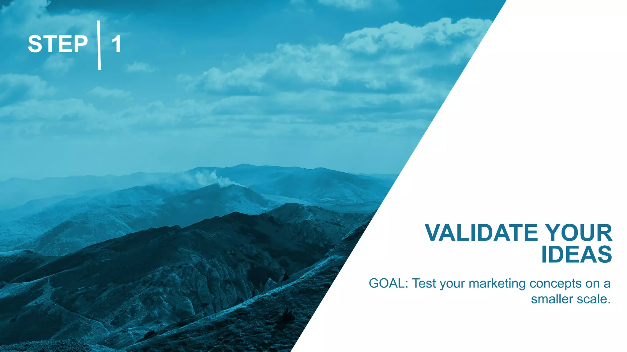 VALIDATE YOUR
IDEAS
STEP 1
GOAL: Test your marketing concepts on a
smaller scale.