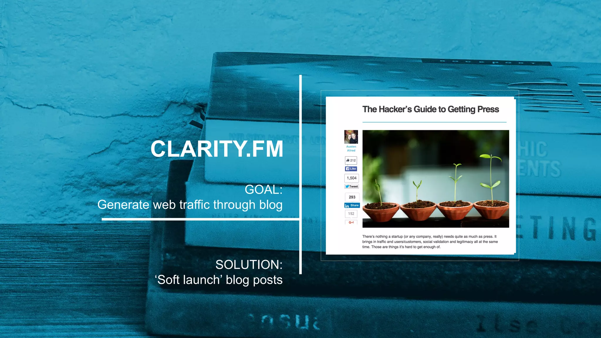 CLARITY.FM
GOAL:
Generate web traffic through blog
SOLUTION:
‘Soft launch’ blog posts