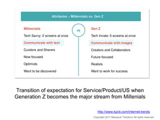 Transition of expectation for Service/Product/US when
Generation Z becomes the major stream from Millenials
http://www.kpc...