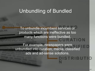 Unbundling of Bundled
To unbundle incumbent services or
products which are ineffective as too
many functions were bundled....