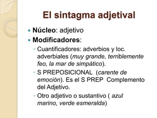 El sintagma adjetival
 Núcleo: adjetivo
 Modificadores:
◦ Cuantificadores: adverbios y loc.
adverbiales (muy grande, terriblemente
feo, la mar de simpático).
◦ S PREPOSICIONAL (carente de
emoción). Es el S PREP Complemento
del Adjetivo.
◦ Otro adjetivo o sustantivo ( azul
marino, verde esmeralda)
 