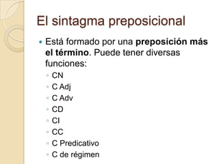 El sintagma preposicional
 Está formado por una preposición más
el término. Puede tener diversas
funciones:
◦ CN
◦ C Adj
◦ C Adv
◦ CD
◦ CI
◦ CC
◦ C Predicativo
◦ C de régimen
 