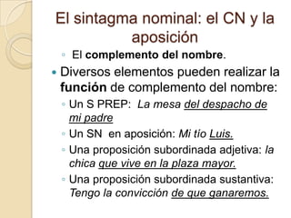 El sintagma nominal: el CN y la
aposición
◦ El complemento del nombre.
 Diversos elementos pueden realizar la
función de complemento del nombre:
◦ Un S PREP: La mesa del despacho de
mi padre
◦ Un SN en aposición: Mi tío Luis.
◦ Una proposición subordinada adjetiva: la
chica que vive en la plaza mayor.
◦ Una proposición subordinada sustantiva:
Tengo la convicción de que ganaremos.
 
