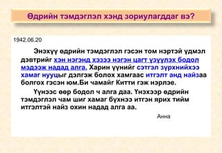 1942.06.20 Энэхүү өдрийн тэмдэглэл гэсэн том нэртэй үдмэл дэвтрийг  хэн нэгэнд хэзээ нэгэн цагт үзүүлэх бодол мэдээж надад алга.  Харин үүнийг  сэтгэл зүрхнийхээ хамаг нууц ыг дэлгэж болох хамгаас  итгэлт анд найз аа болгох гэсэн юм.Би чамайг Китти гэж нэрлэе.  Үүнээс өөр бодол ч алга даа. Үнэхээр өдрийн тэмдэглэл чам шиг хамаг бүхнээ итгэн ярих тийм итгэлтэй найз охин надад алга аа.   Анна Өдрийн тэмдэглэл хэнд зориулагддаг вэ? 