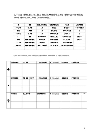 CUT AND FORM SENTENCES. THE BLANK ONES ARE FOR YOU TO WRITE
MORE VERBS, COLOURS OR CLOTHES...
I

IS

WEARING

ORANGE

HAT

JEANS

YOU

ARE

A

RED

BELT

T-SHIRT

HE

AM

A

BLUE

JACKET

?

SHE

ARE

A

PURPLE

COAT

?

IT

IS

BROWN

BLACK

GLOVES

NOT

WE

WEARING

GREY

GREEN

SCARF

NOT

YOU

WEARING

PINK

SHOES

TRAINERS

THEY

WEARING

YELLOW

SOCKS

TRACKSUIT

Glue this table on your notebook or lapbook and use it to form sentences.
SUJETO

TO BE

SUJETO

TO BE

TO BE

SUJETO

WEARING

A (Singular)

COLOR

PRENDA

WEARING

A (Singular)

COLOR

PRENDA

A (Singular)

COLOR

PRENDA

+
NOT

WEARING

?

?

8

 