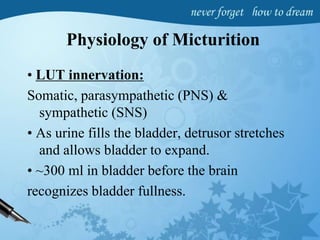 Physiology of Micturition
• LUT innervation:
Somatic, parasympathetic (PNS) &
sympathetic (SNS)
• As urine fills the bladder, detrusor stretches
and allows bladder to expand.
• ~300 ml in bladder before the brain
recognizes bladder fullness.
 