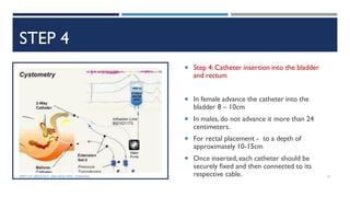 STEP 4
 Step 4: Catheter insertion into the bladder
and rectum
 In female advance the catheter into the
bladder 8 – 10cm
 In males, do not advance it more than 24
centimeters.
 For rectal placement - to a depth of
approximately 10-15cm
 Once inserted, each catheter should be
securely fixed and then connected to its
respective cable. 31
DEPT OF UROLOGY, GRH AND KMC, CHENNAI.
 