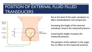 POSITION OF EXTERNAL FLUID FILLED
TRANSDUCERS
Set at the level of the pubic symphysis to
allow standardization and comparison.
Increasing the height of the external
transducer lowers the measured pressure
Lowering the height increases the
measured pressure.
The position of the catheter in the organ
has no effect on the measured pressure.
35
DEPT OF UROLOGY, GRH AND KMC, CHENNAI.
 