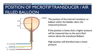 POSITION OF MICROTIPTRANSDUCER / AIR
FILLED BALLOON
The position of the internal transducer or
balloon within the bladder alters the
measured pressure.
If the position is lower, then a higher pressure
will be measured due to the extra fluid
column above the transducer/balloon
High position will therefore have a lower
pressure
36
DEPT OF UROLOGY, GRH AND KMC, CHENNAI.
 