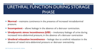 URETHRAL FUNCTION DURING STORAGE
PHASE
 Normal – maintains continence in the presence of increased intraabdominal
pressure.
 Incompetent – allows leakage in the absence of a detrusor contraction.
 Urodynamic stress incontinence (USI) – involuntary leakage of urine during
increased intra-abdominal pressure, in the absence of a detrusor contraction
 Urethral relaxation incontinence – leakage due to urethral relaxation in the
absence of raised intra-abdominal pressure or detrusor overactivity.
68
DEPT OF UROLOGY, GRH AND KMC, CHENNAI.
 