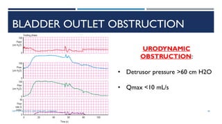 BLADDER OUTLET OBSTRUCTION
URODYNAMIC
OBSTRUCTION:
• Detrusor pressure >60 cm H2O
• Qmax <10 mL/s
88
DEPT OF UROLOGY, GRH AND KMC, CHENNAI.
 