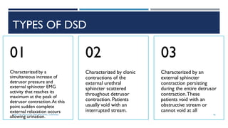 TYPES OF DSD
Characterized by a
simultaneous increase of
detrusor pressure and
external sphincter EMG
activity that reaches its
maximum at the peak of
detrusor contraction.At this
point sudden complete
external relaxation occurs
allowing urination.
01
Characterized by clonic
contractions of the
external urethral
sphincter scattered
throughout detrusor
contraction. Patients
usually void with an
interrupted stream.
02
Characterized by an
external sphincter
contraction persisting
during the entire detrusor
contraction.These
patients void with an
obstructive stream or
cannot void at all
03
96
DEPT OF UROLOGY, GRH AND KMC, CHENNAI.
 