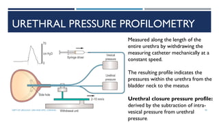 URETHRAL PRESSURE PROFILOMETRY
Measured along the length of the
entire urethra by withdrawing the
measuring catheter mechanically at a
constant speed.
The resulting profile indicates the
pressures within the urethra from the
bladder neck to the meatus
Urethral closure pressure profile:
derived by the subtraction of intra-
vesical pressure from urethral
pressure.
99
DEPT OF UROLOGY, GRH AND KMC, CHENNAI.
 