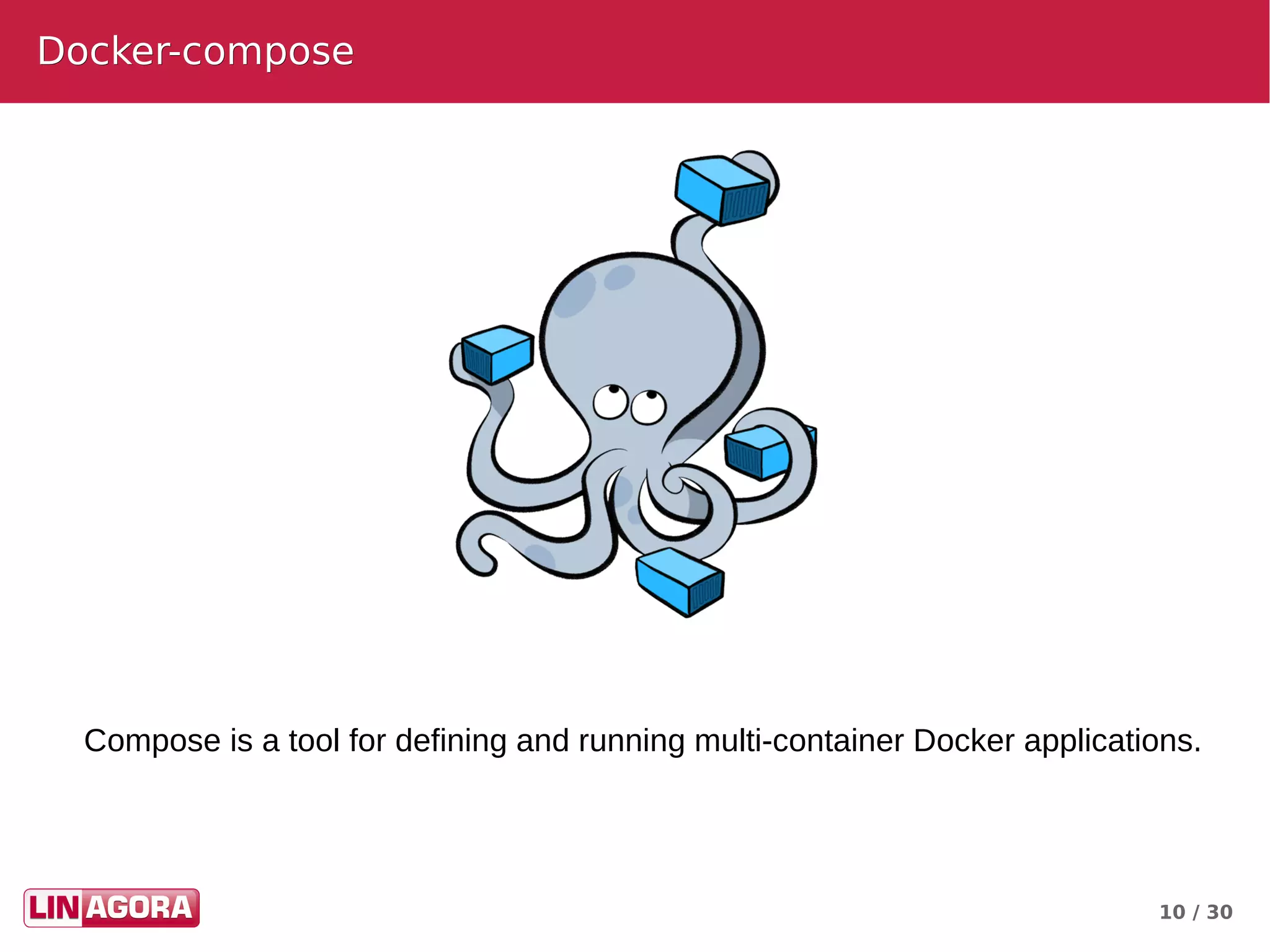 10 / 30
Docker-composeDocker-compose
Compose is a tool for defining and running multi-container Docker applications.
 