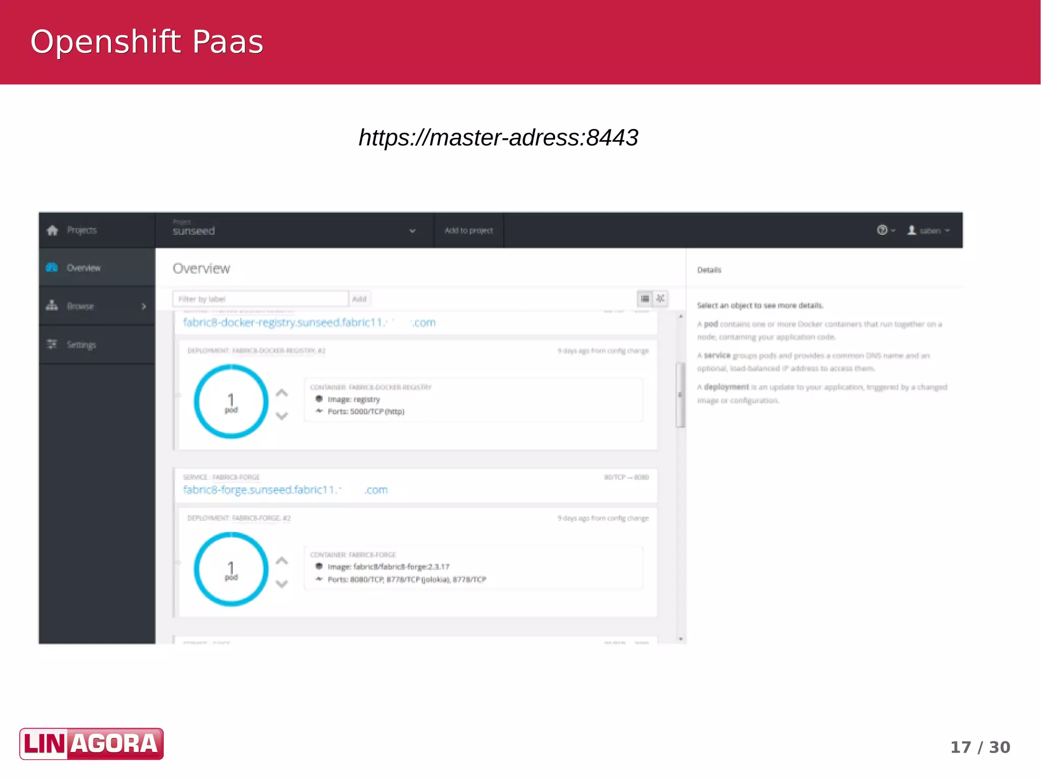 17 / 30
Openshift PaasOpenshift Paas
https://master-adress:8443
 