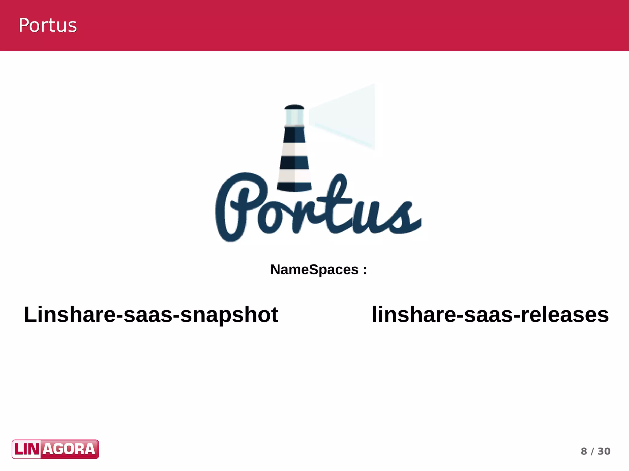 8 / 30
PortusPortus
NameSpaces :
Linshare-saas-snapshot  linshare-saas-releases
 