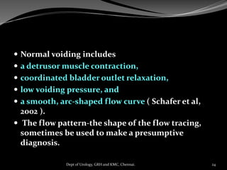  Normal voiding includes
 a detrusor muscle contraction,
 coordinated bladder outlet relaxation,
 low voiding pressure, and
 a smooth, arc-shaped flow curve ( Schafer et al,
2002 ).
 The flow pattern-the shape of the flow tracing,
sometimes be used to make a presumptive
diagnosis.
24
Dept of Urology, GRH and KMC, Chennai.
 